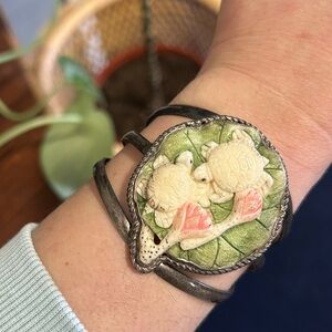 Vintage Sterling Silver Carved Turtle & Floral Lily Pad Cuff Bracelet